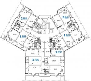 Корпуса 1 и 2, секции 4, 8, 18 этаж - планировка